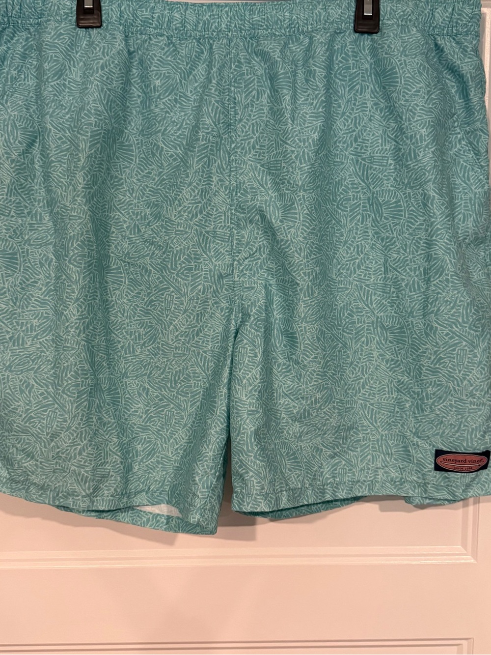 Vineyard Vines Light Teal Leaf-Print Swim Trunks
